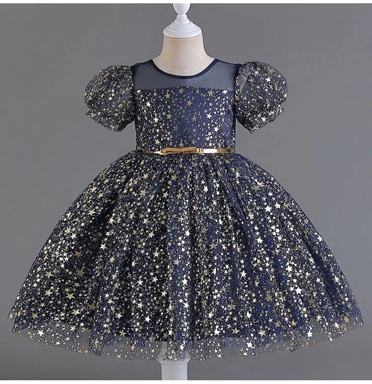 Summer Girls Dresses for Party and Wedding Lace Mesh Short Sleeve Girls Sequin Dress Fashion Girls Party Dress 4-10 Years