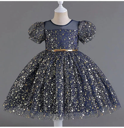 Summer Girls Dresses for Party and Wedding Lace Mesh Short Sleeve Girls Sequin Dress Fashion Girls Party Dress 4-10 Years