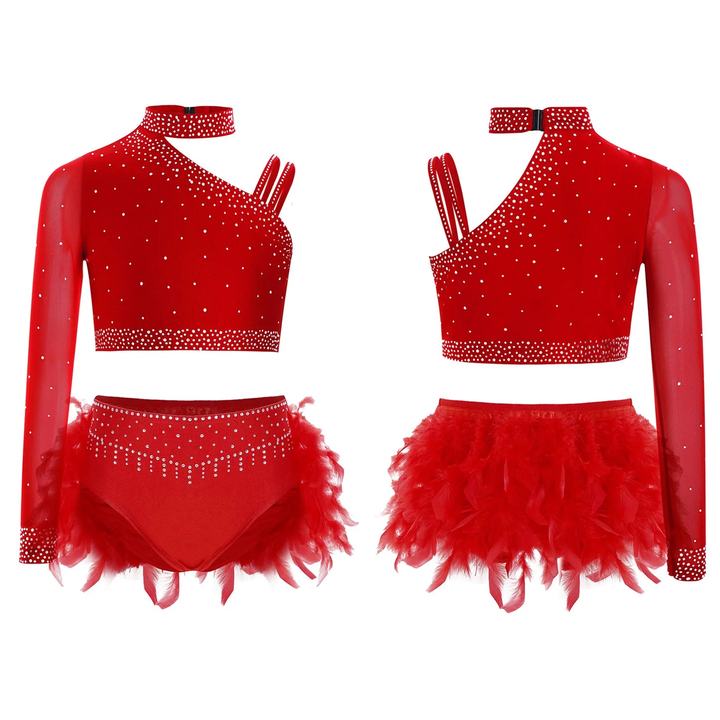 Girls Modern Dance Dress 2 Piece One-shoulder Sleeve Rhinestone Crop Top And Feather Skirts Sets Dance for Stage Performance