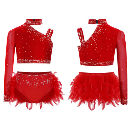 Girls Modern Dance Dress 2 Piece One-shoulder Sleeve Rhinestone Crop Top And Feather Skirts Sets Dance for Stage Performance