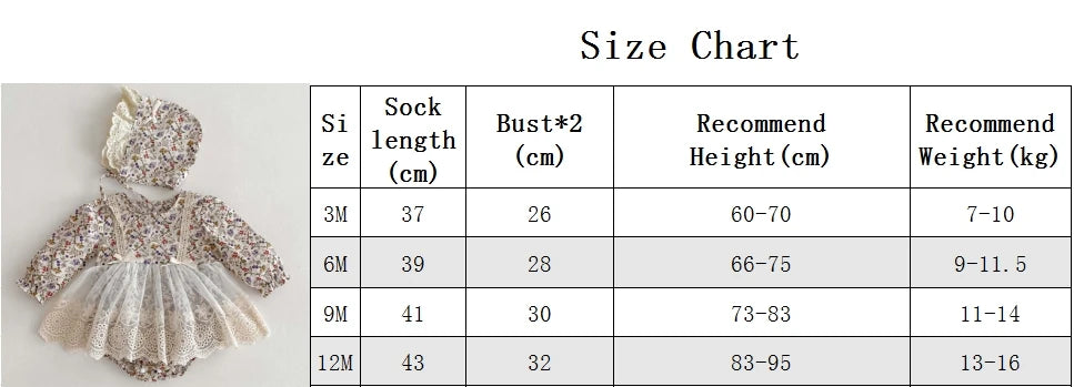 Newborn Girl Romper  Lace Cut Out Floral Dress   Long Sleeved+ Hat Baby Girl Bodysuit Baby Clothes 0-24 Months