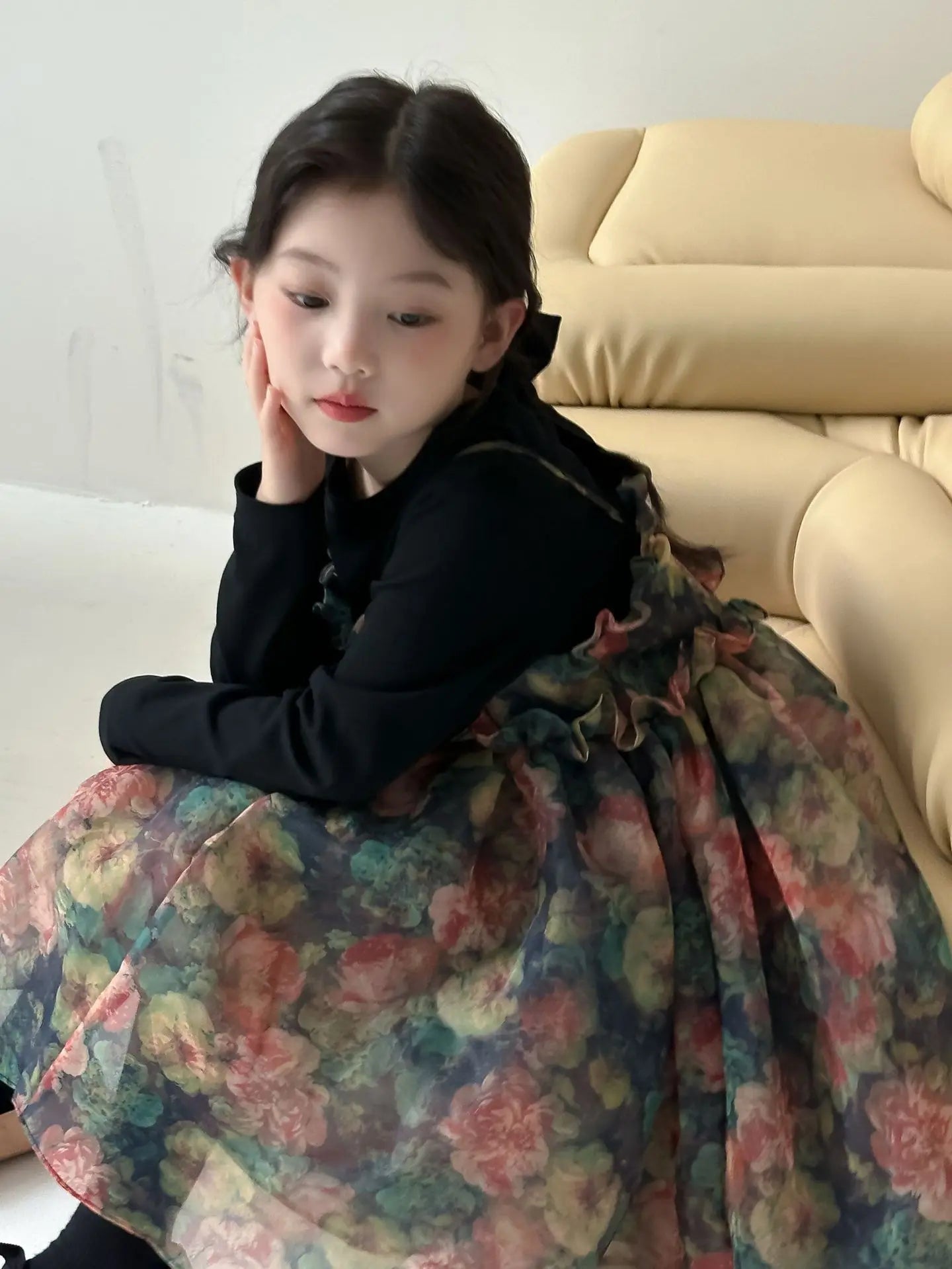 Girls Casual Dresses Autumn Girl Black T-shirt Camisole Flower Mesh Gauze Suit Princess Simple Printing Loose Beautiful 2024
