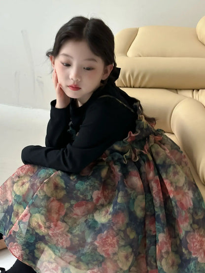 Girls Casual Dresses Autumn Girl Black T-shirt Camisole Flower Mesh Gauze Suit Princess Simple Printing Loose Beautiful 2024