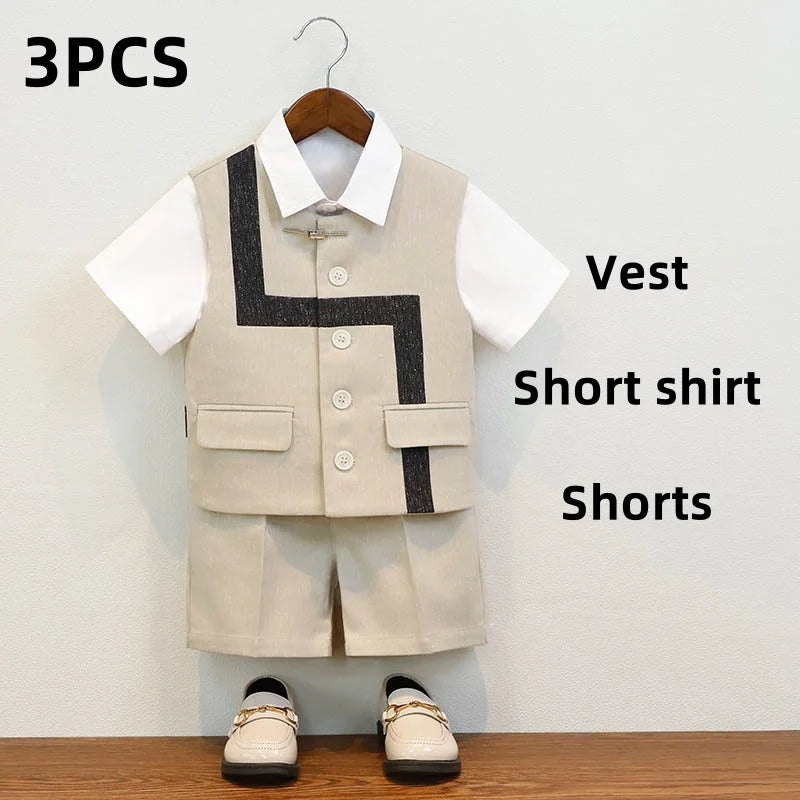 Summer Children Boys Suit Set Stylish Flower 1-10Y Boys Formal Wedding Suit Outfit Spliced Kids Baby Boys Vest Shirt Shorts Suit