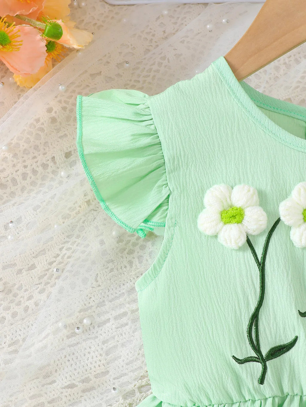 Summer Green Dress for Girls 1-6Years Sleeveless A-Line Children's Dresses with 3D Woolen Flower+Small Satchel Holiday Clothes