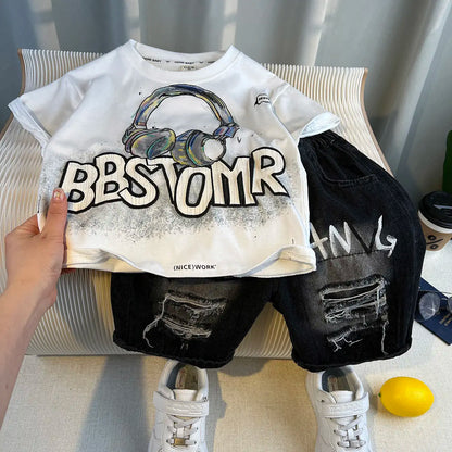 Summer Baby Boys Fashion High Quality Set Cotton Boy Short Sleeved Hole T-shirt + Denim Shorts Kids Loose Casual Clothes 2-11Y