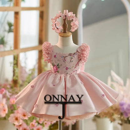 Customized Pink Cute Flower Girl Dress for Girls Wedding Party Gown Pageant Communion Robe De Demoiselle for Girls