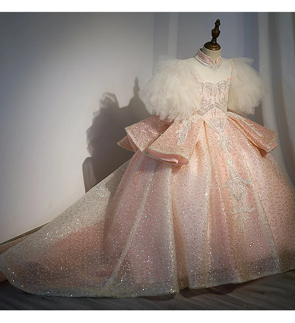 Kids Girls Princess Dress for Party Birthday Exquisite Beadings Sequined Tulle Ball Gown Flower Girl Wedding Dresses Children