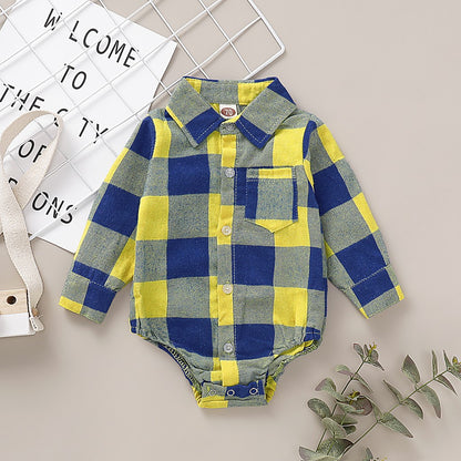 Newborn Baby Boy Bodysuit Plaid Print Long Sleeve Turn Down Collar Gentleman Shirt Jumpsuit Spring&Autumn Romper for 0-18Months
