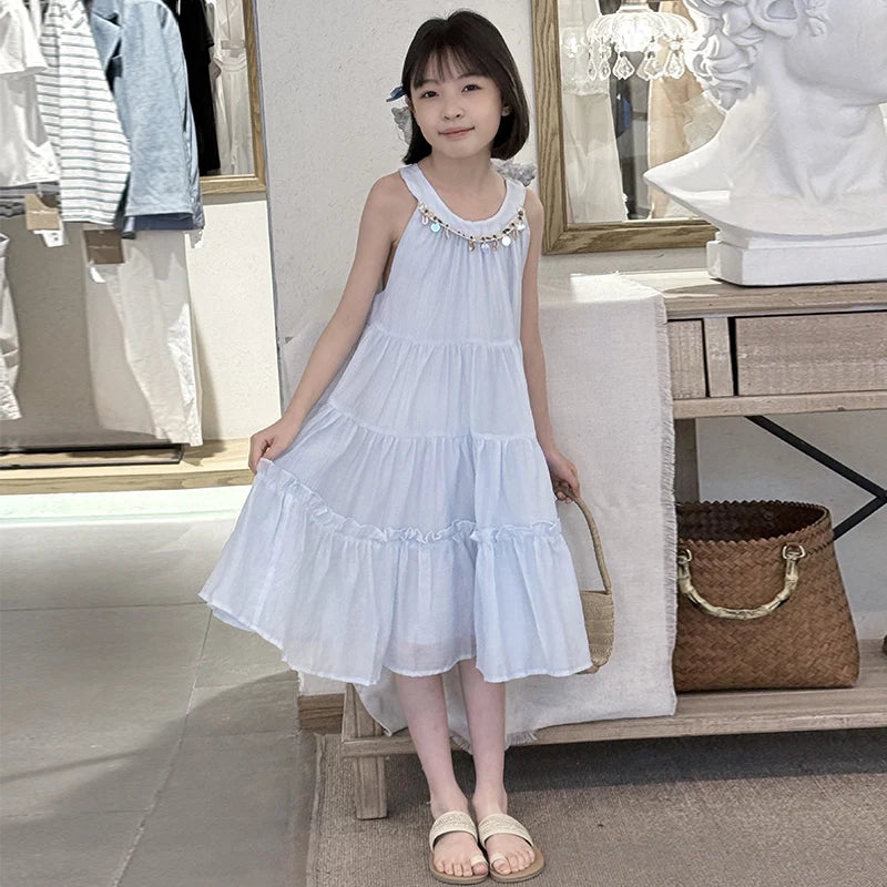 Girls Summer Dress 2025 New Halter Dresses Middle and Large Children Foreign Style Beach Dress Kids Undershirt Princess Skirt