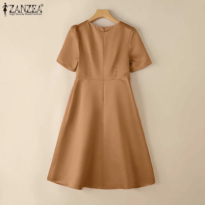 ZANZEA Elegant Woman Party Dresses Shiny Satin Round Neck Short Sleeve Fabric Flower A-line Robes Femme Fashion Midi Vestidos