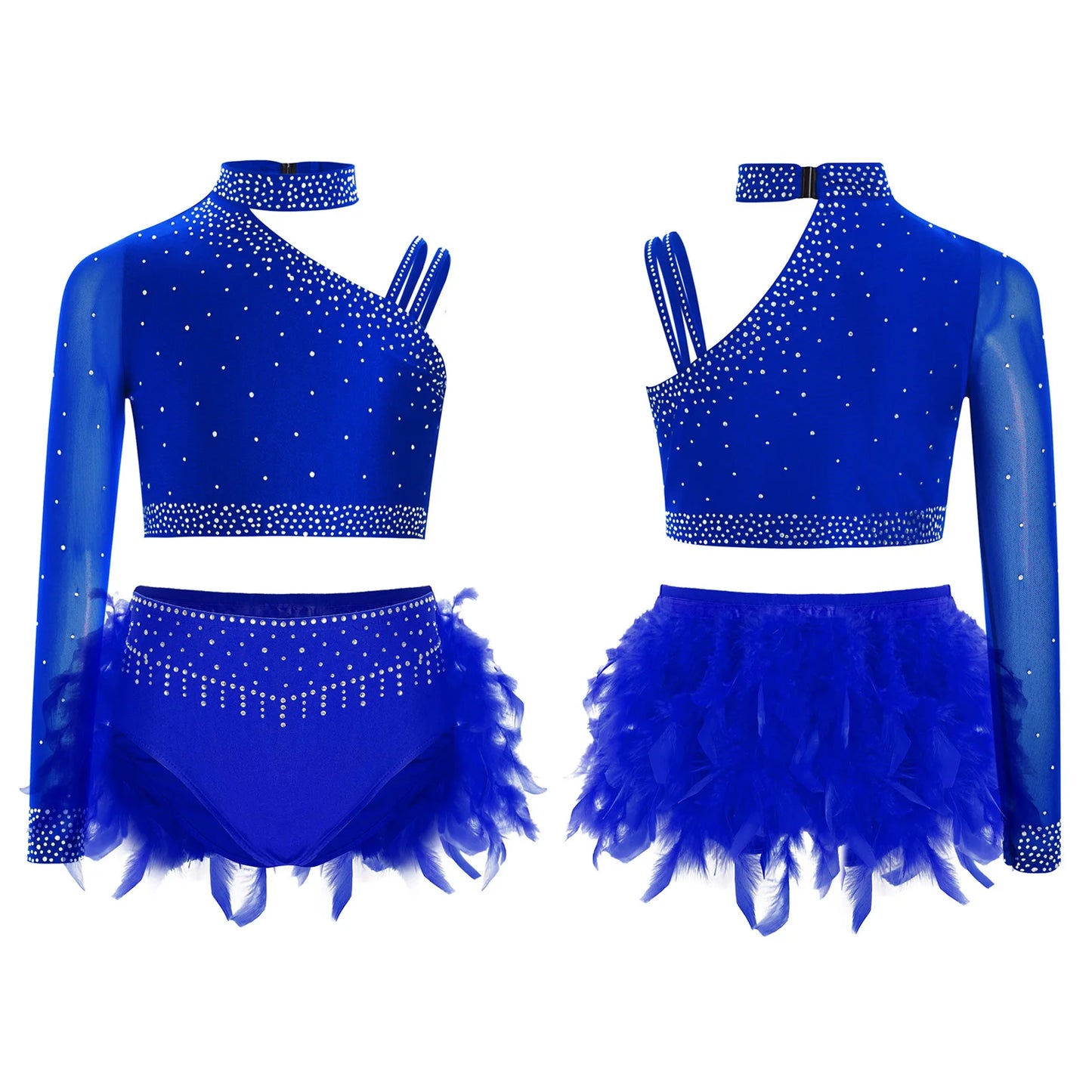Girls Modern Dance Dress 2 Piece One-shoulder Sleeve Rhinestone Crop Top And Feather Skirts Sets Dance for Stage Performance