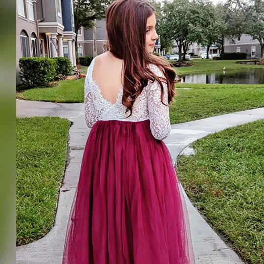 New Girls' Long-Sleeved Lace Gauze Dress Children's Evening Dress Wedding Flower Girl Sweet Lovely Versatile Dress