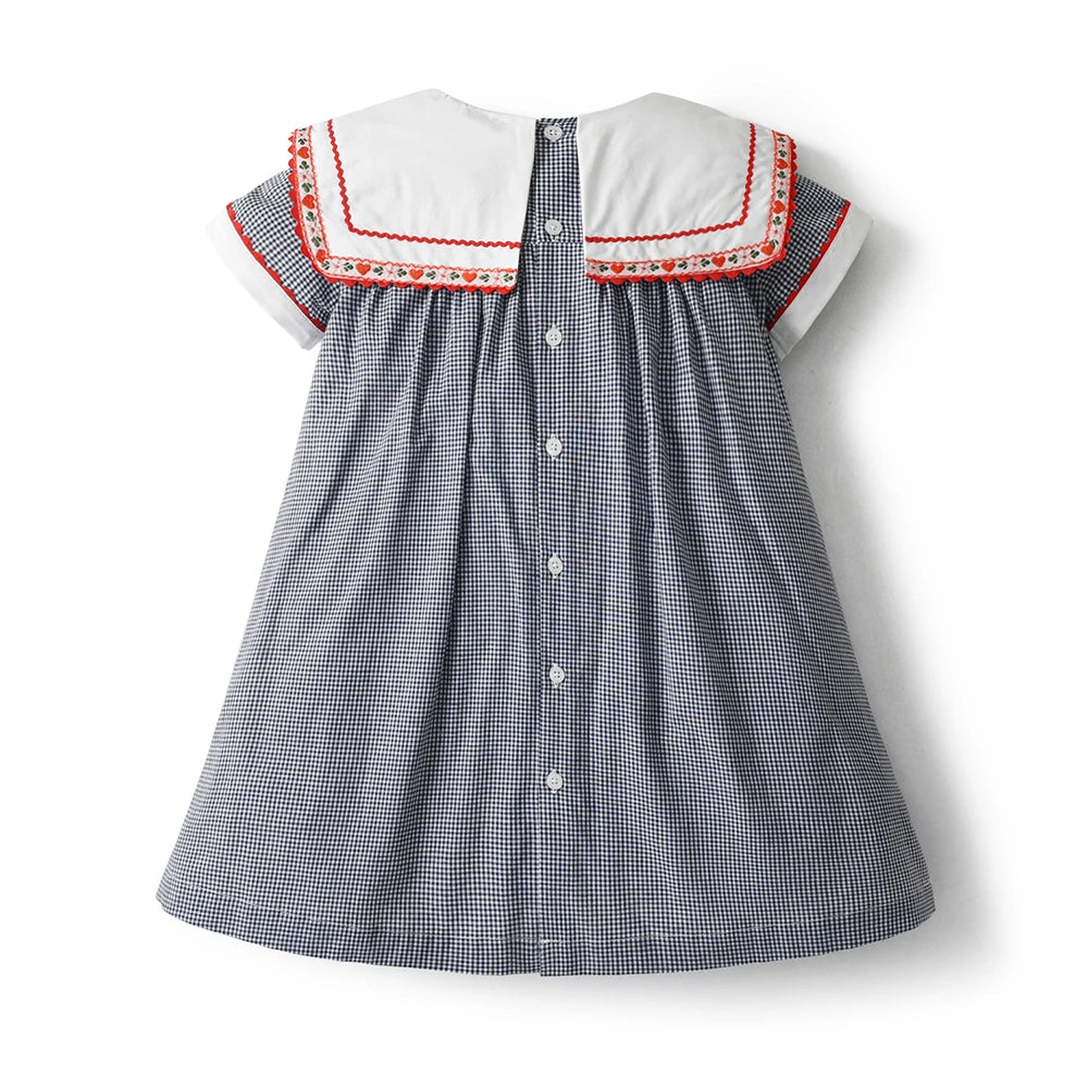Vintage Dress Girls Kids Boutique Embroidery Square-cut Collar Plaid Dresses Girl Children Seven Sleeves Frocks Casual Clothing