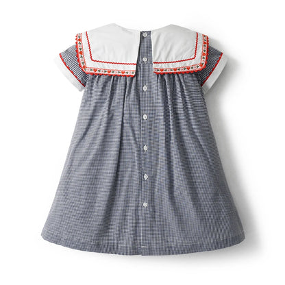 Vintage Dress Girls Kids Boutique Embroidery Square-cut Collar Plaid Dresses Girl Children Seven Sleeves Frocks Casual Clothing