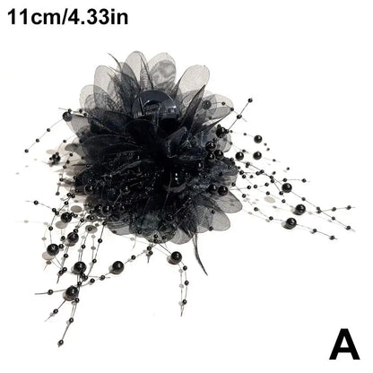 Women Fashion Hair Accessories Girls Flower Hair Claw Pleated Organza Pearls Black Feather Grip Shark Hair Clip Female Headwear