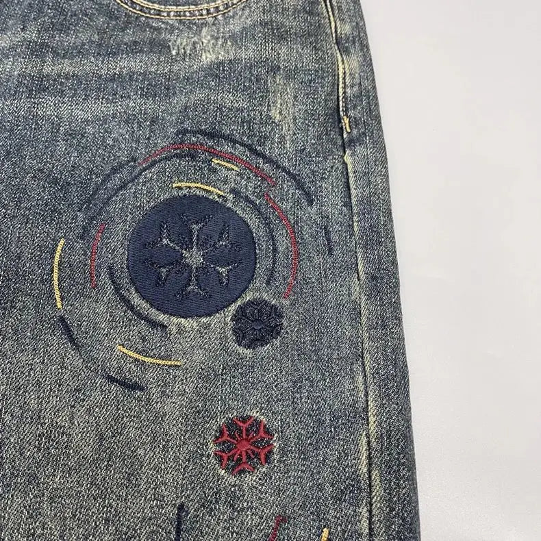 Washed Distressed Patched Embroidered Jeans Men's Small Straight Leg Pants High Street Ruff and Handsome Pants Trendy