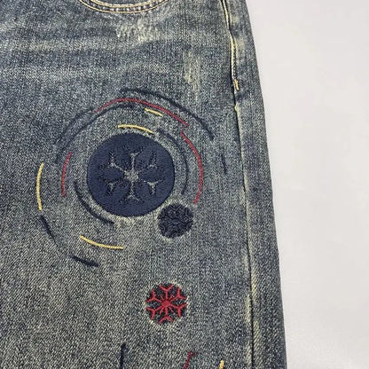 Washed Distressed Patched Embroidered Jeans Men's Small Straight Leg Pants High Street Ruff and Handsome Pants Trendy