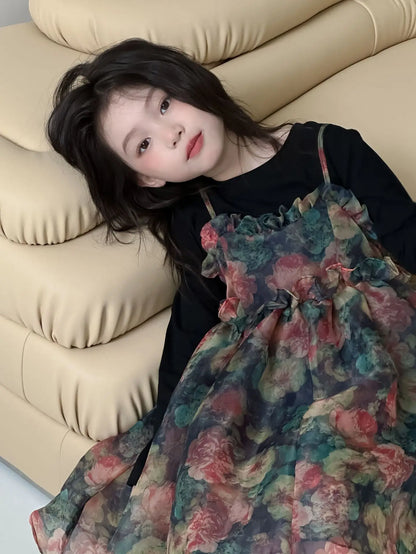 Girls Casual Dresses Autumn Girl Black T-shirt Camisole Flower Mesh Gauze Suit Princess Simple Printing Loose Beautiful 2024