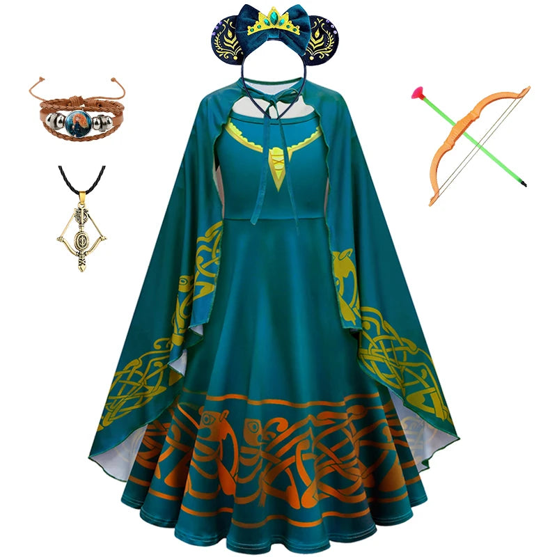 New Cartoon Movie Girls Princess Merida Dress Halloween Brave Princess Costume Children Green Velvet Long Sleeve Vintage Clothes