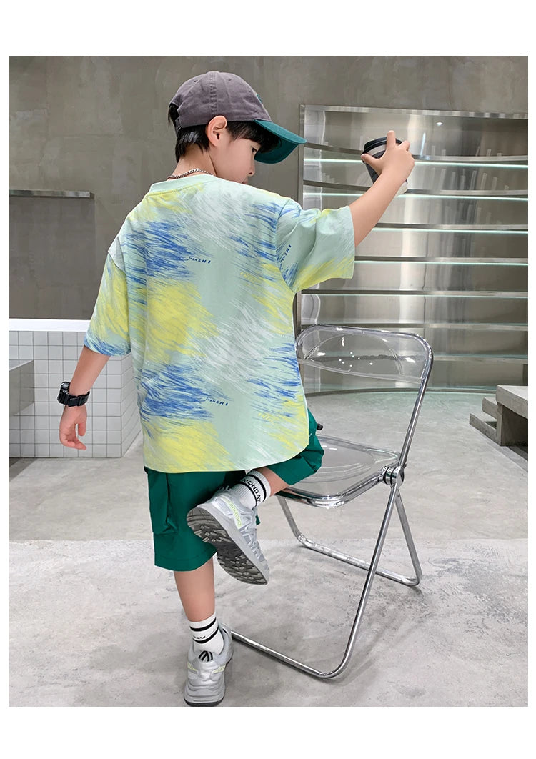 Summer  Boys Shorts Short Sleeve Shorts Handsome High Quality Leisure Sports Simple Two-piece Set.4-16year