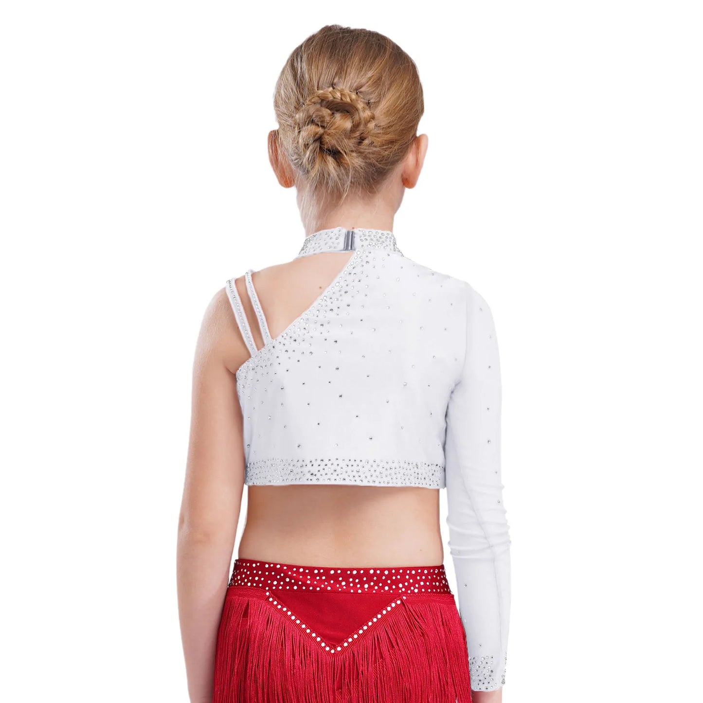 Girls Modern Dance Dress 2 Piece One-shoulder Sleeve Rhinestone Crop Top And Feather Skirts Sets Dance for Stage Performance