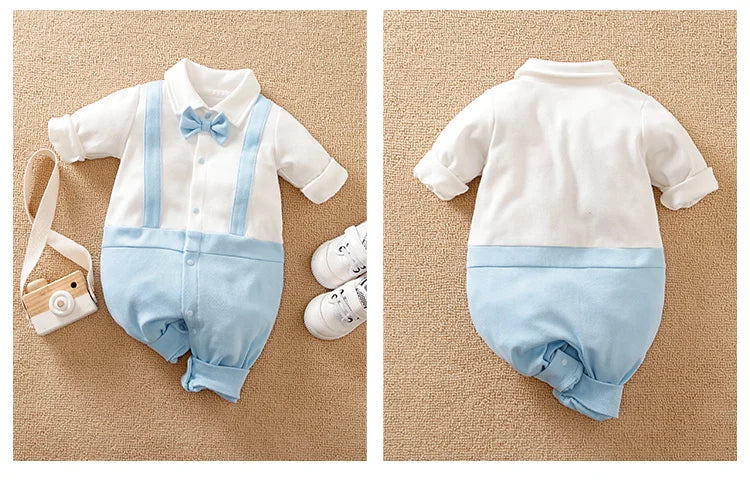 Newborn Boys Gentleman Bow Spliced Contrast False Backband Light Blue Comfortable Spring And Autumn Long Sleeved Jumpsuit