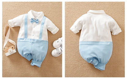 Newborn Boys Gentleman Bow Spliced Contrast False Backband Light Blue Comfortable Spring And Autumn Long Sleeved Jumpsuit