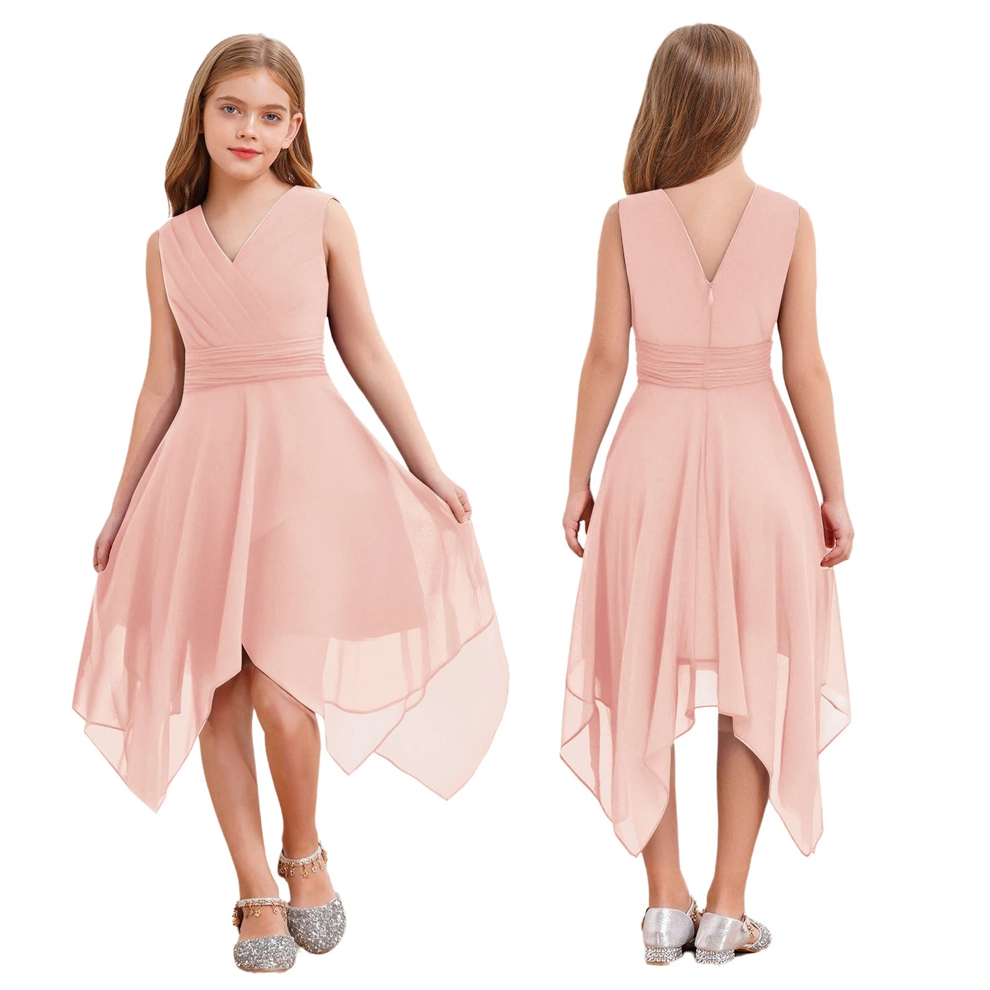 Summer Girls Festive Dress Hi-Lo Tulle Sleeveless Shiny Beaded Dress Flower Kids Wedding Pageant Clothing Evening Communion Gow