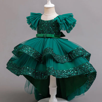 Girls Party Dresses Elegant Tulle Layered Children Long Evening Prom Gown Sequins Puffy Festive Dress for Girl