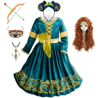 New Cartoon Movie Girls Princess Merida Dress Halloween Brave Princess Costume Children Green Velvet Long Sleeve Vintage Clothes