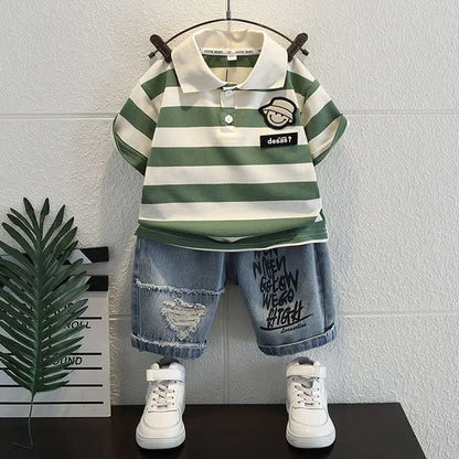 Boys 2025 Summer Outfit T-Shirt and Jeans Korean Polo Fashion 2PCS Casual Clothing Korean Reviews Top Toddler Kids Clothes Sets (Available)