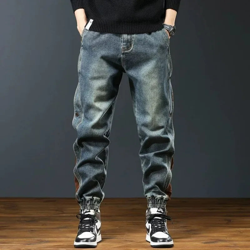 Autumn Men Trendy American Vintage Patchwork Loose Denim Cargo Pants Y2K Casual Streetwear Pockets Baggy Jeans Pantalones Hombre