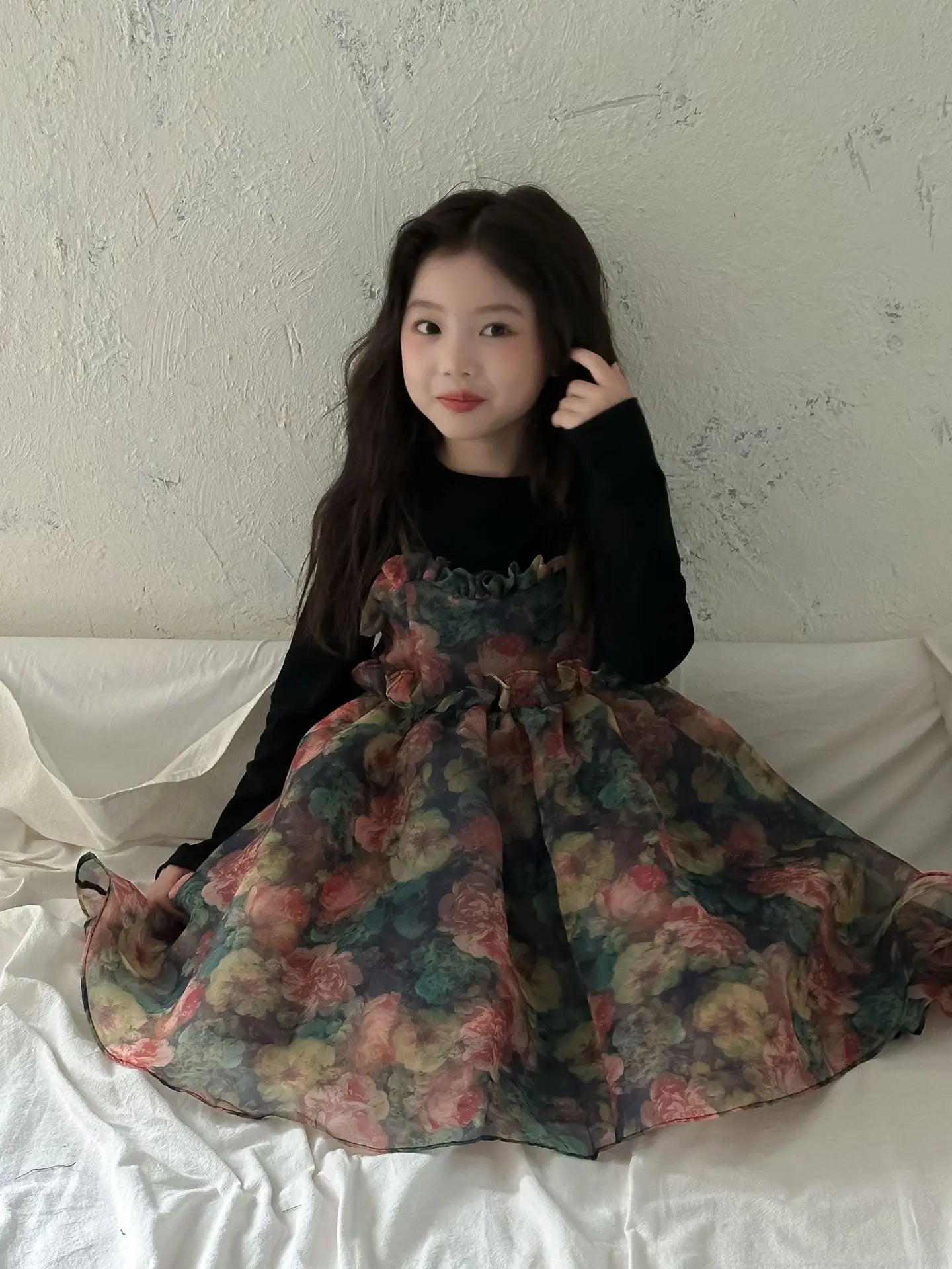 Girls Casual Dresses Autumn Girl Black T-shirt Camisole Flower Mesh Gauze Suit Princess Simple Printing Loose Beautiful 2024