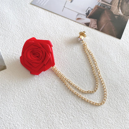 Men Wedding Brooches Cloth Art Handmade Rose Flower Brooch Lapel Pin Badge Tassel Chain Men's Suit Accessories Groom Boutonniere
