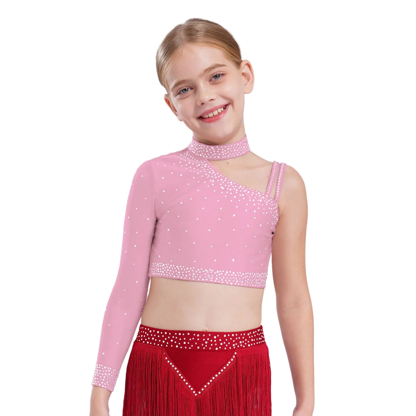Girls Modern Dance Dress 2 Piece One-shoulder Sleeve Rhinestone Crop Top And Feather Skirts Sets Dance for Stage Performance