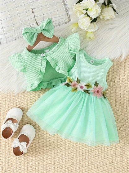 Newborn 2024 Baby Girls Dress Summer Waist Flower Vest Sleeveless Short Top Sweet Girl Lace Mesh Dress