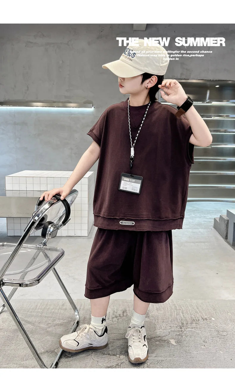 Boys' Summer Outfit Set 2025 New Style Children's Summer Short Sleeved Sportswear Vest Fashionable Boys' Thin Design
