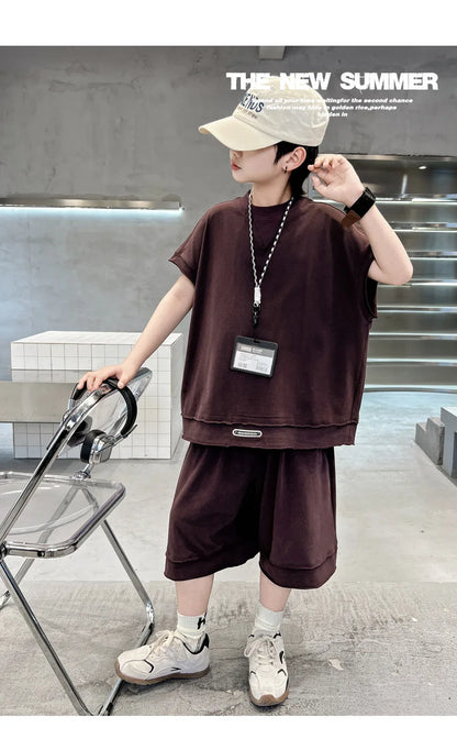 Boys' Summer Outfit Set 2025 New Style Children's Summer Short Sleeved Sportswear Vest Fashionable Boys' Thin Design