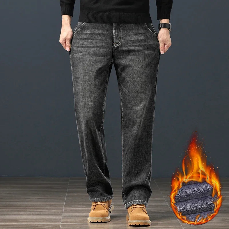Winter Fleece Warm Men's Jeans Classic Loose Straight Plush Denim Pants Thickened Fashion Stretch Casual Thermal Trousers 42 44 (Avaialble)