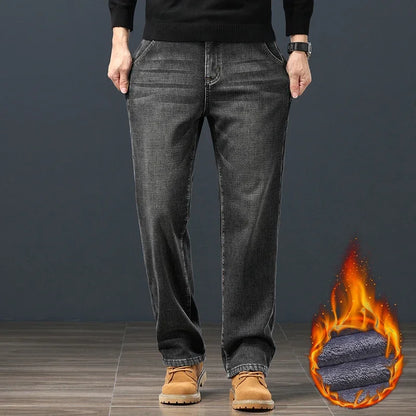Winter Fleece Warm Men's Jeans Classic Loose Straight Plush Denim Pants Thickened Fashion Stretch Casual Thermal Trousers 42 44 (Avaialble)