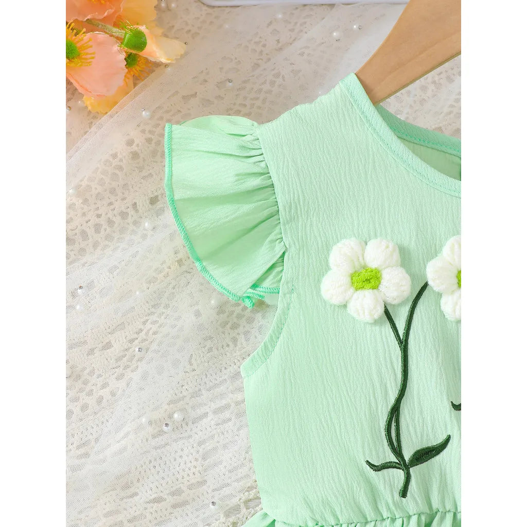Summer Green Dress for Girls 1-6Years Sleeveless A-Line Children's Dresses with 3D Woolen Flower+Small Satchel Holiday Clothes