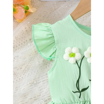 Summer Green Dress for Girls 1-6Years Sleeveless A-Line Children's Dresses with 3D Woolen Flower+Small Satchel Holiday Clothes