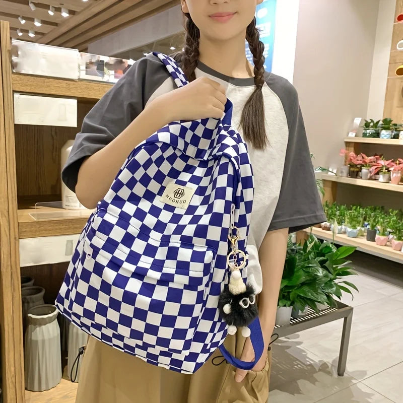 Schoolbags for Female Junior High School Students, High School Students, Middle School Students, Ins Style Girls Backpacks, Girls Checkerboard Backpacks, Five Colors Available
