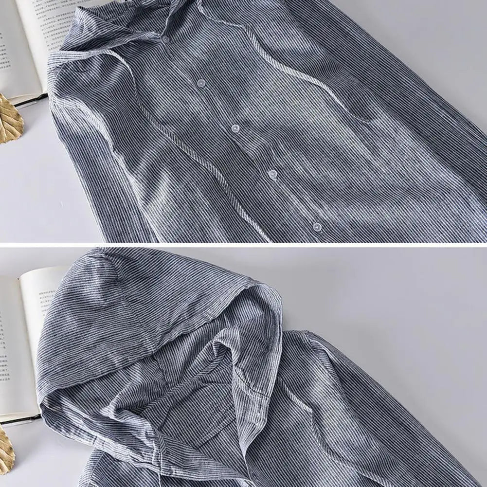 Men Summer Shirt Sun Anti UV Long Sleeve Hooded Drawstring Single breasted Soft Loose Breathable Cardigan Coat Top (Available)