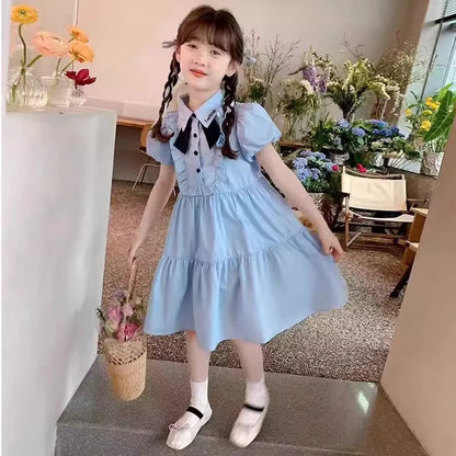 Girl's Dress Summer 2025 New Children's College Style Gown Teenager Turn-down Collar Clothes Kids Fashion Short Sleeve Desses