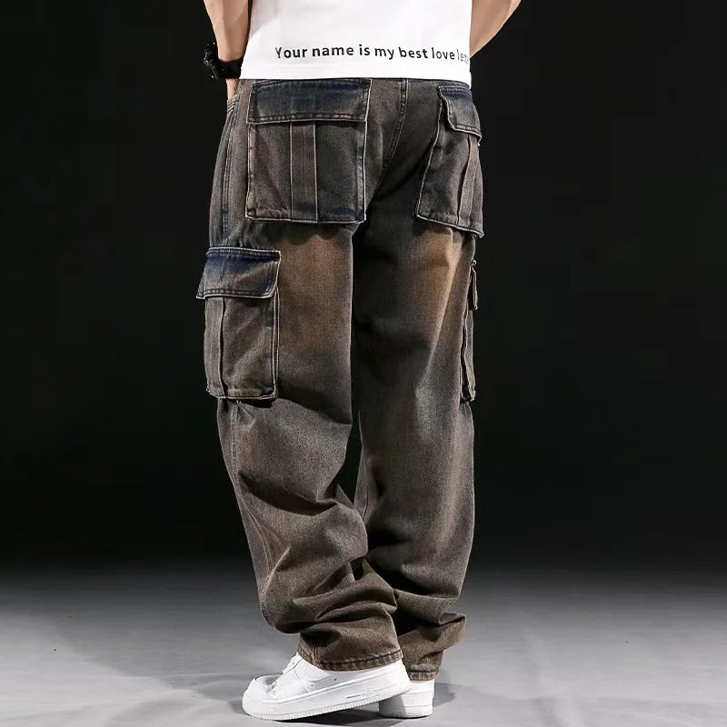 Fashion Trendy Men Multi Pocket Denim Pants American Vintage High Street Jeans Oversized Loose Fat Straight Trouser Cargo Pant