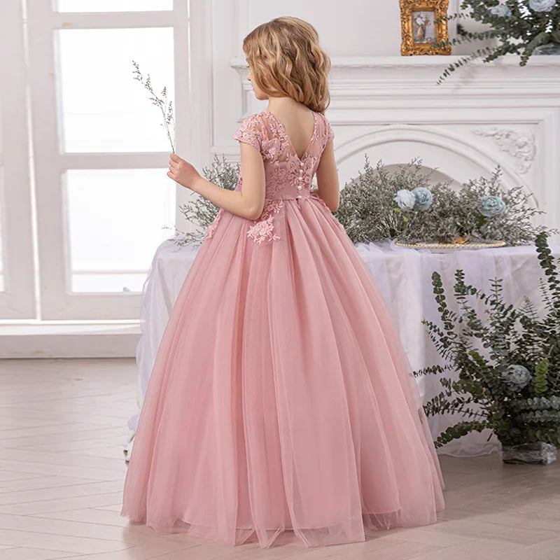 Girl Evening Dress Off-Shoulder Princess Elegant Teenager Girls Dress For Wedding Piano Performance Formal Children Lace Dress