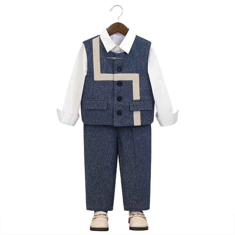 Summer Children Boys Suit Set Stylish Flower 1-10Y Boys Formal Wedding Suit Outfit Spliced Kids Baby Boys Vest Shirt Shorts Suit