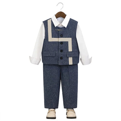 Summer Children Boys Suit Set Stylish Flower 1-10Y Boys Formal Wedding Suit Outfit Spliced Kids Baby Boys Vest Shirt Shorts Suit
